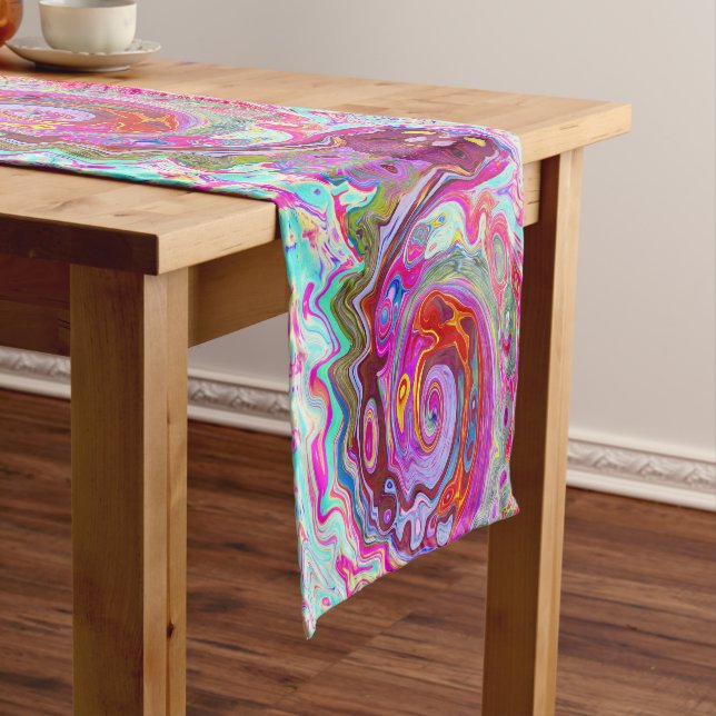 Groovy Abstract Retro Hot Pink and Blue Swirl Short Table Runner (In Situ)