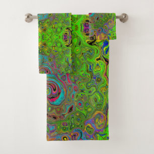 Groovy Abstract Retro Lime Green and Blue Swirl Bath Towel Set