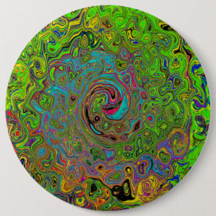 Groovy Abstract Retro Lime Green and Blue Swirl Button