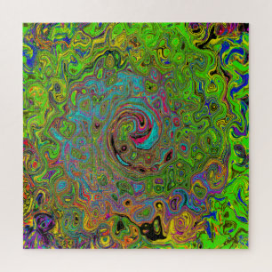 Groovy Abstract Retro Lime Green and Blue Swirl Jigsaw Puzzle