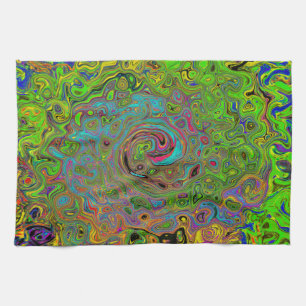 Groovy Abstract Retro Lime Green and Blue Swirl Kitchen Towel