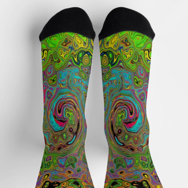 Groovy Abstract Retro Lime Green and Blue Swirl Socks (Top)