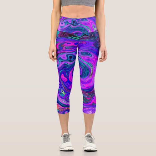 Groovy Abstract Retro Magenta and Purple Swirl Capri Leggings