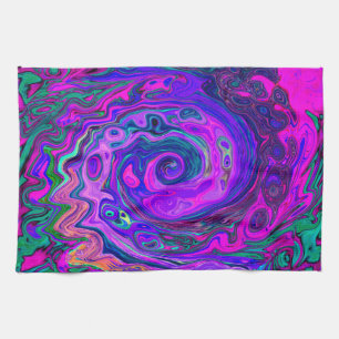 Groovy Abstract Retro Magenta and Purple Swirl Kitchen Towel