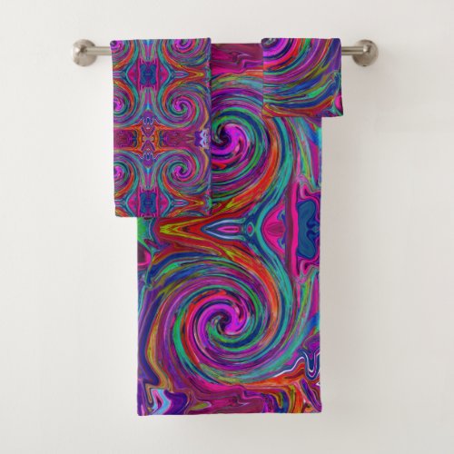 Groovy Abstract Retro Magenta Dark Rainbow Swirl Bath Towel Set