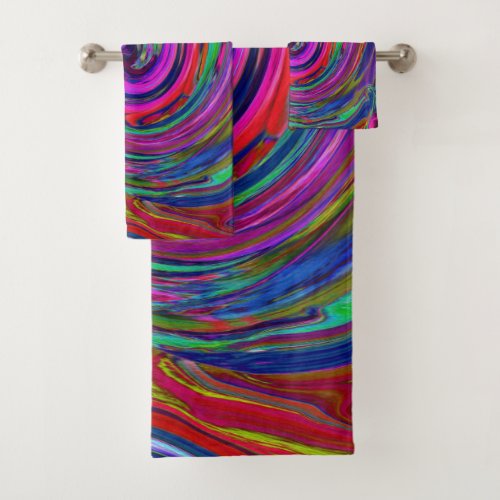 Groovy Abstract Retro Magenta Dark Rainbow Swirl Bath Towel Set