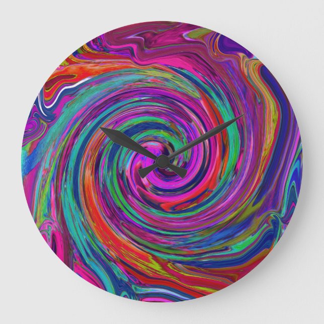 Groovy Abstract Retro Magenta Dark Rainbow Swirl Large Clock (Front)