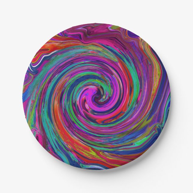 Groovy Abstract Retro Magenta Dark Rainbow Swirl Paper Plates (Front)