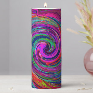Groovy Abstract Retro Magenta Dark Rainbow Swirl Pillar Candle