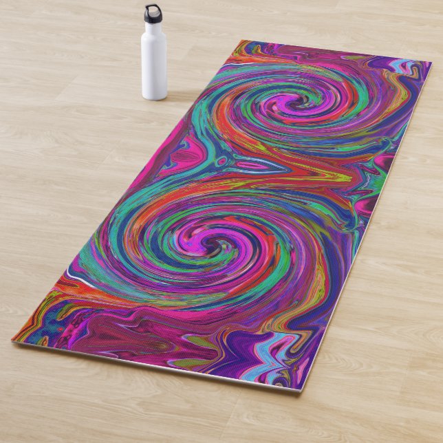 Groovy Abstract Retro Magenta Dark Rainbow Swirl Yoga Mat (In Situ)