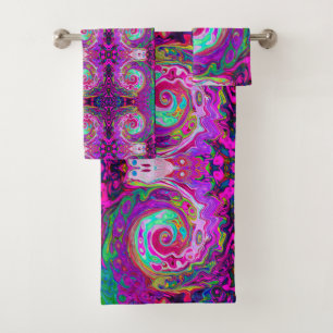 Groovy Abstract Retro Magenta Rainbow Swirl Bath Towel Set