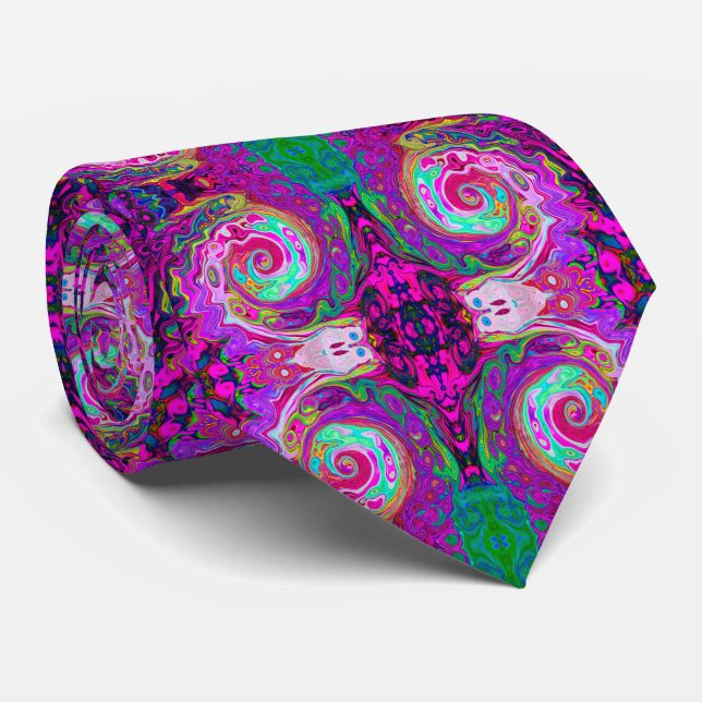 Groovy Abstract Retro Magenta Rainbow Swirl Neck Tie (Rolled)