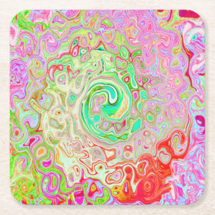 Groovy Abstract Retro Pastel Green Liquid Swirl Square Paper Coaster