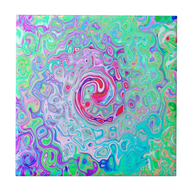 Groovy Abstract Retro Pink and Green Swirl Ceramic Tile (Front)