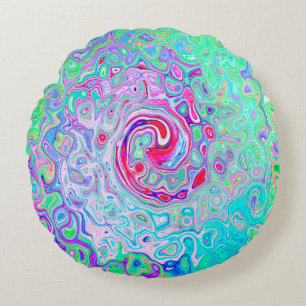 Groovy Abstract Retro Pink and Green Swirl Round Pillow