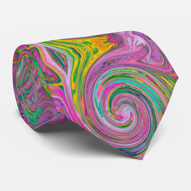 Groovy Abstract Retro Pink and Mint Green Swirl Neck Tie (Rolled)