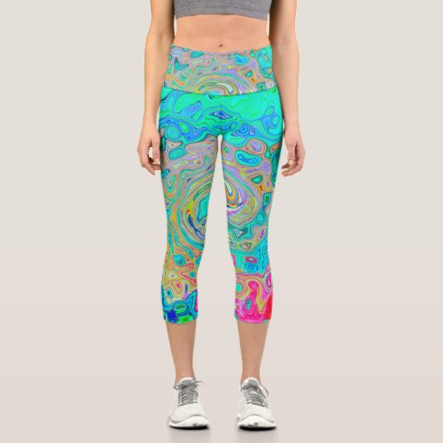 Groovy Abstract Retro Rainbow Liquid Swirl Capri Leggings