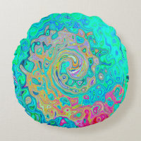 Groovy Abstract Retro Rainbow Liquid Swirl Round Pillow