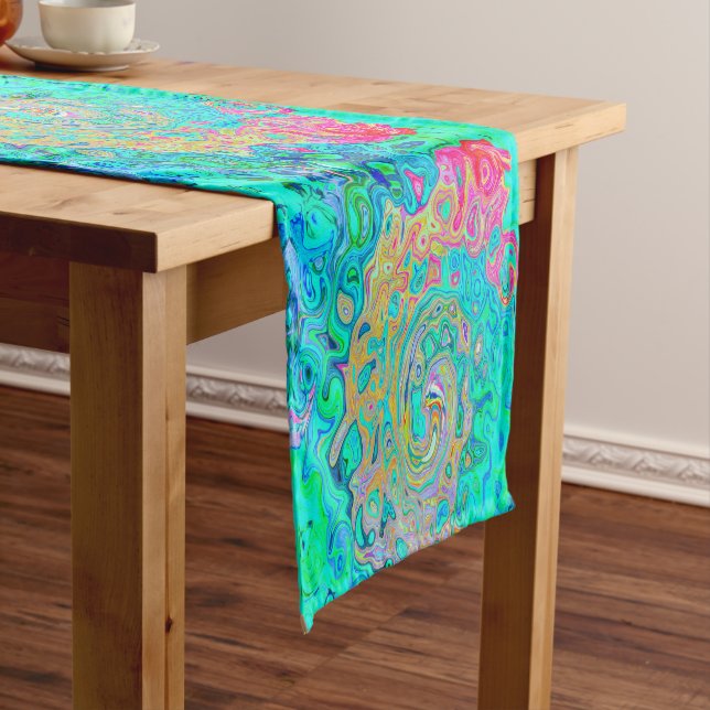 Groovy Abstract Retro Rainbow Liquid Swirl Short Table Runner (In Situ)