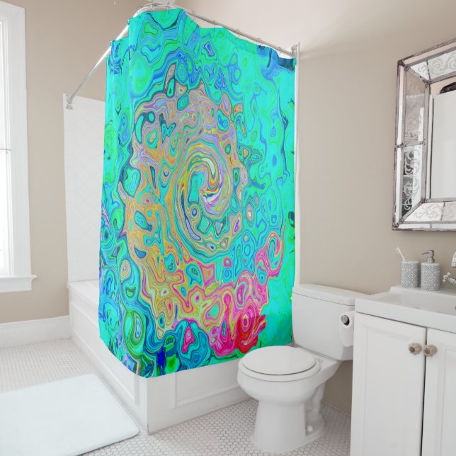 Groovy Abstract Retro Rainbow Liquid Swirl Shower Curtain (In Situ)