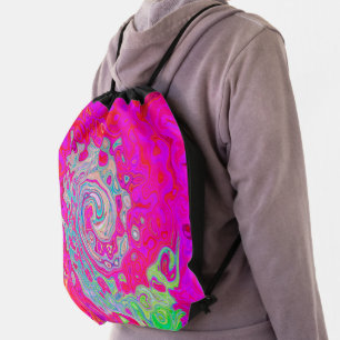 Groovy Abstract Teal Blue and Red Swirl Drawstring Bag
