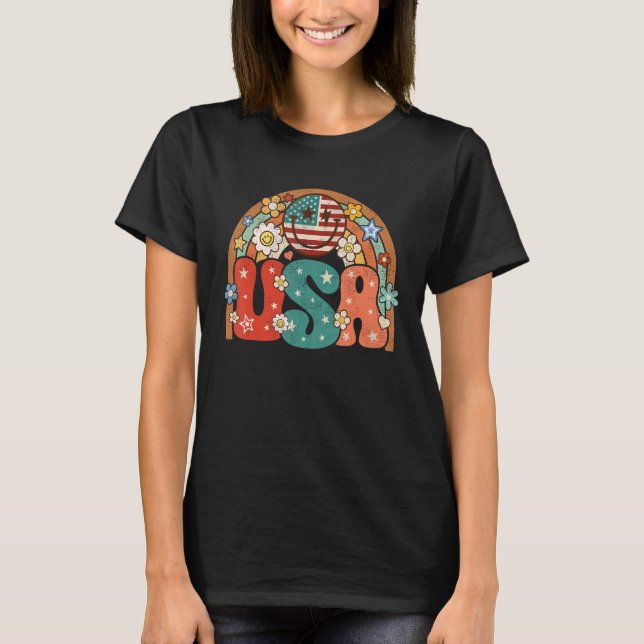 Groovy American Flag USA Retro Rainbow Smile Face  T-Shirt (Front)