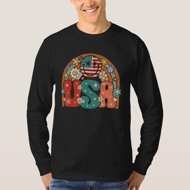 Groovy American Flag USA Retro Rainbow Smile Face  T-Shirt (Front)