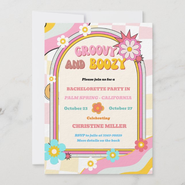 Groovy and Boozy Bachelorette Weekend Itinerary Invitation (Front)