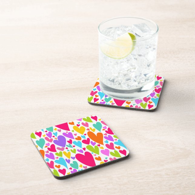 Groovy and Romantic Colorful Hearts Valentine Beverage Coaster (Right Side)