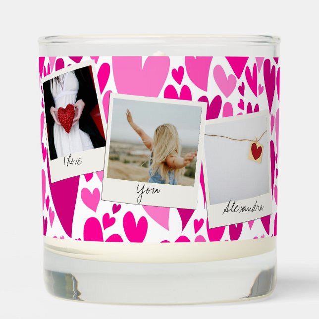 Groovy and Romantic Pink Hearts Valentine Photo  Scented Candle (Front)