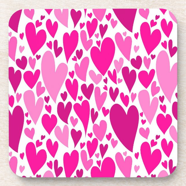 Groovy and Romantic Pink Hearts Valentine's Day Beverage Coaster (Front)
