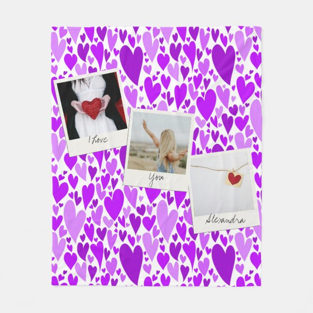 Groovy and Romantic Purple Hearts Valentine Photo  Fleece Blanket (Front)