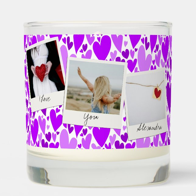 Groovy and Romantic Purple Hearts Valentine Photo  Scented Candle (Front)