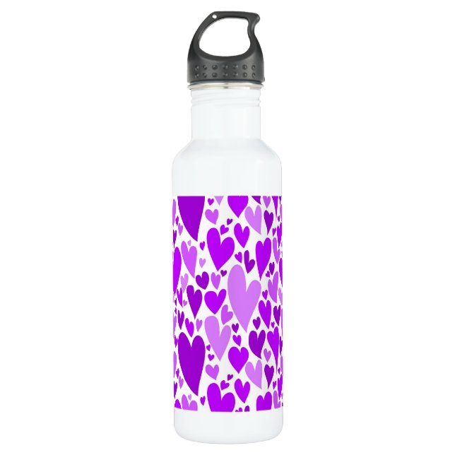 Groovy and Romantic Purple Hearts Valentine's Day Water Bottle (Front)