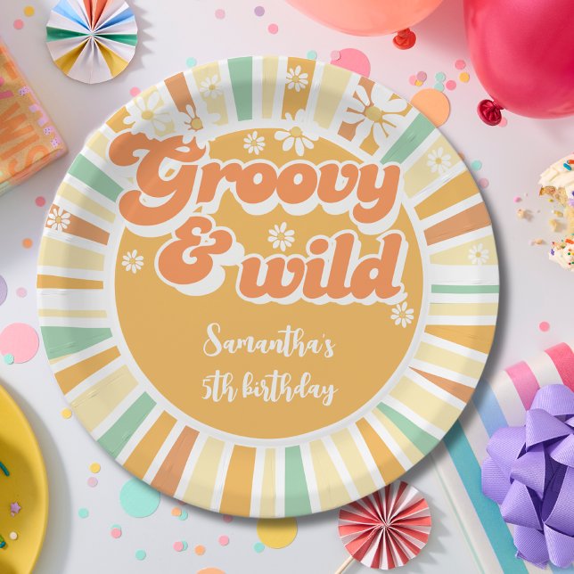 Groovy and wild retro sun kids birthday paper plates (Creator Uploaded)