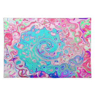 Groovy Aqua Blue and Pink Abstract Retro Swirl Cloth Placemat