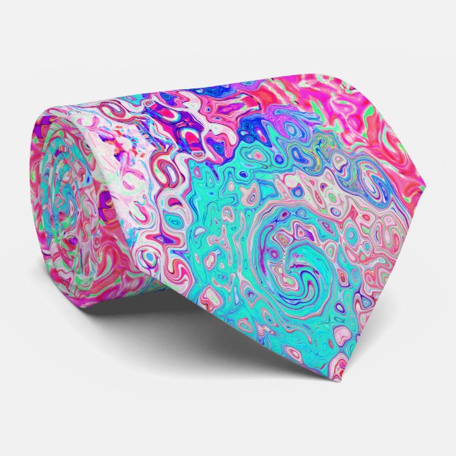 Groovy Aqua Blue and Pink Abstract Retro Swirl Neck Tie (Rolled)