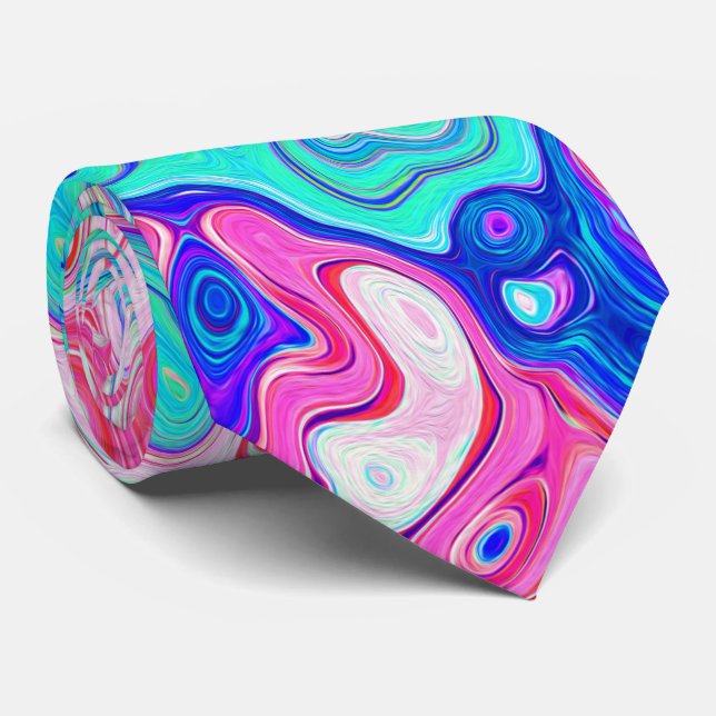Groovy Aqua Blue and Pink Abstract Retro Swirl Neck Tie (Rolled)