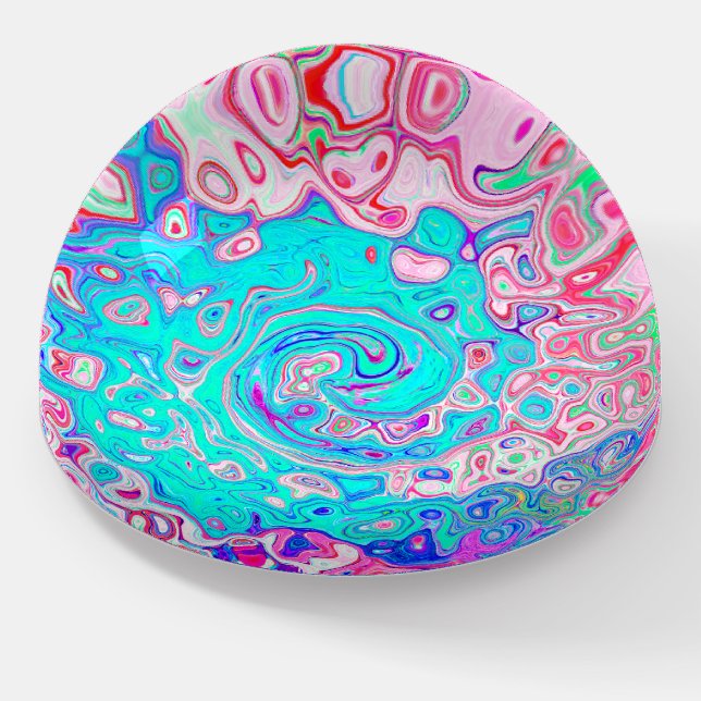 Groovy Aqua Blue and Pink Abstract Retro Swirl Paperweight (Angled)
