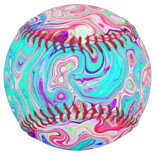 Groovy Aqua Blue and Pink Abstract Retro Swirl Softball