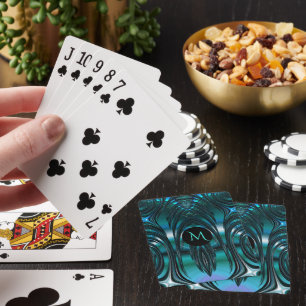 Groovy Art Deco Teal Fringed Fractal with Monogram Poker Cards