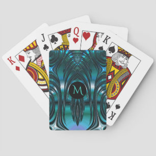 Groovy Art Deco Teal Fringed Fractal with Monogram Poker Cards