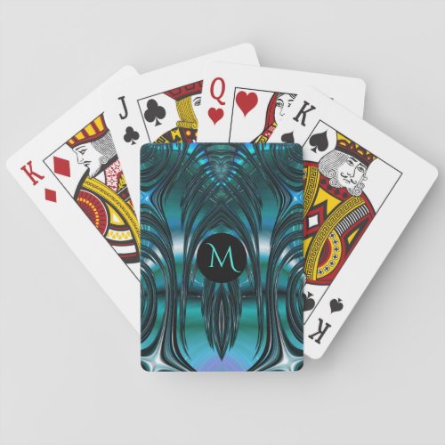 Groovy Art Deco Teal Fringed Fractal with Monogram Poker Cards