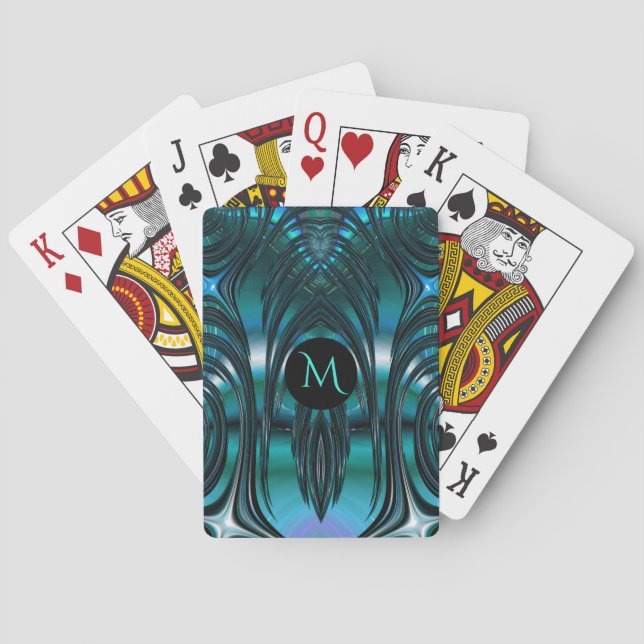 Groovy Art Deco Teal Fringed Fractal with Monogram Poker Cards (Back)