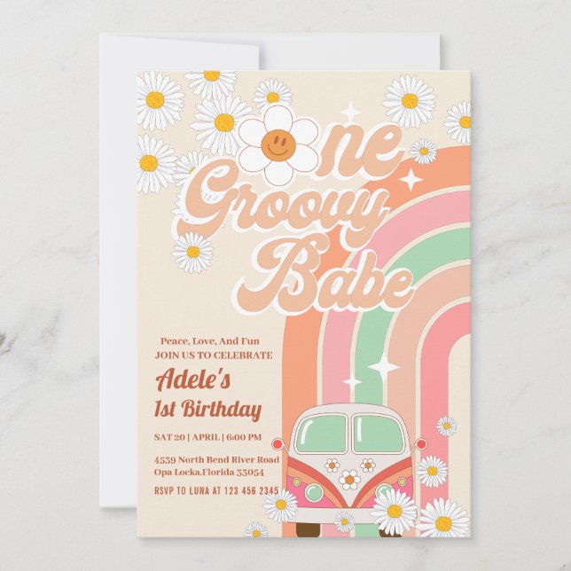 Groovy Babe Pink Van Daisy Rainbow 1st Birthday Invitation (Front)