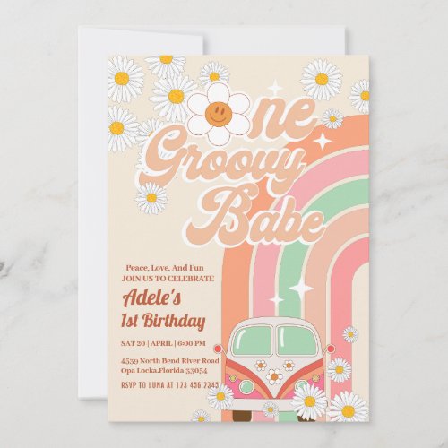 Groovy Babe Pink Van Daisy Rainbow 1st Birthday Invitation