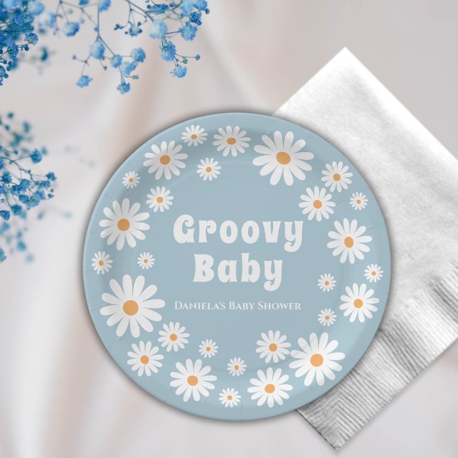 Groovy Baby Boy Daisy 70s Retro Baby Shower Paper Plates (groovy baby shower paper plates flower power daisies blue retro)