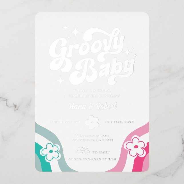 Groovy Baby Gender Reveal Foil Invitation (Front)