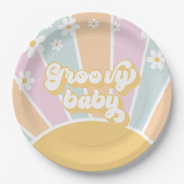Groovy Baby pastel Retro Sunshine baby shower Paper Plates (Front)