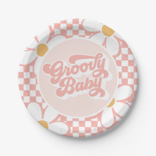 Groovy Baby Pink Daisy Checker Paper Plates